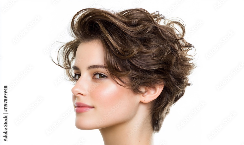 Woman's short wavy hairstyle, profile view, white background, beauty Woman's short wavy hairstyle, profile view, white background, beauty