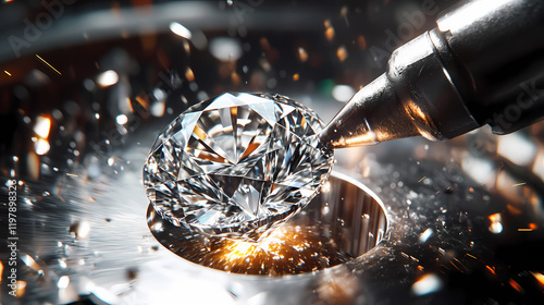Precision machinery cutting a synthetic diamond, highlighting technology and craftsmanship. Stormfall. Illustration