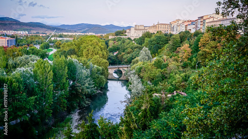 Landscape with vegetation and a river with an old bridge