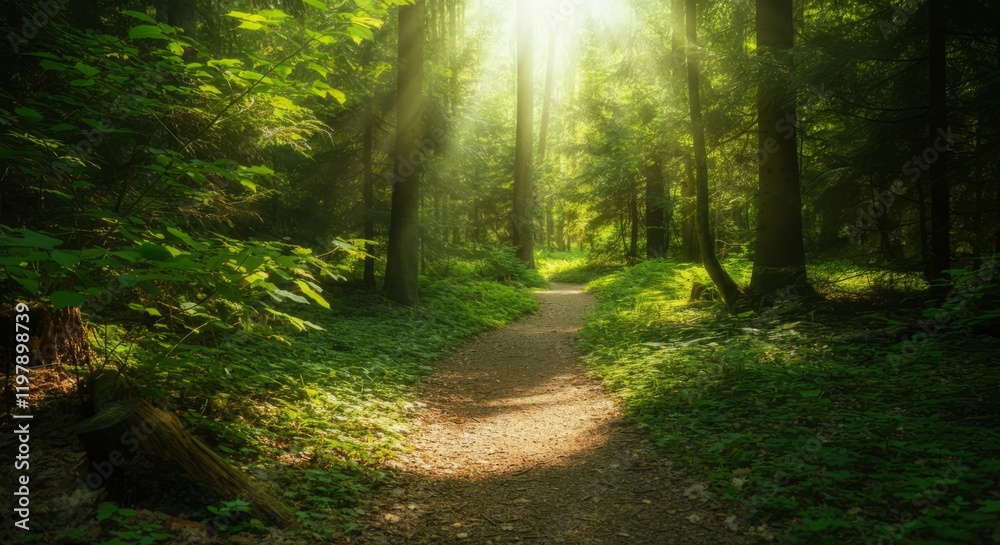 Obraz premium Path through a forest with sunlight shining through the trees