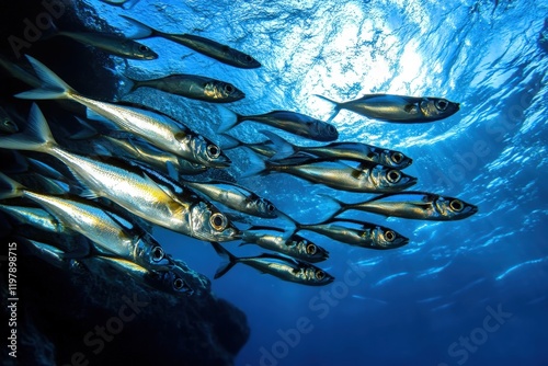 Groups of sardinella fish creating a mesmerizing display beneath the surface. photo