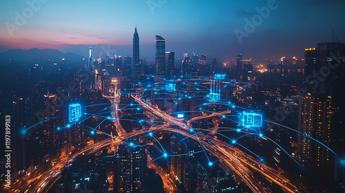 Wallpaper Mural Abstract business man stands on the peak of success amid tall, innovative Smart city and graphs with statistics to analyze business potential and predict future developments in company growth. Torontodigital.ca