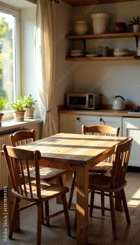 Empty kitchen table, rustic wooden chairs, sunlight streams in, simple, minimalist, vintage Empty kitchen table, rustic wooden chairs, sunlight streams in, simple, minimalist, vintage