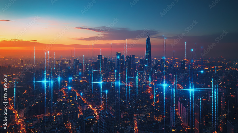 Fototapeta premium Abstract business man stands on the peak of success amid tall, innovative Smart city and graphs with statistics to analyze business potential and predict future developments in company growth.