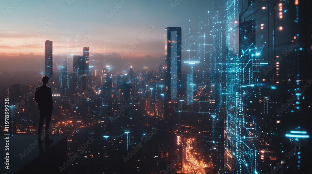 Fototapeta premium Abstract business man stands on the peak of success amid tall, innovative Smart city and graphs with statistics to analyze business potential and predict future developments in company growth.