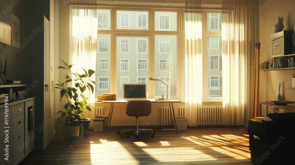 An airy minimalist home office with a simple desk, ergonomic chair, and clean lines, enhanced by plenty of natural light filtering through large windows for a productive space An airy minimalist home office with a simple desk, ergonomic chair, and clean lines, enhanced by plenty of natural light filtering through large windows for a productive space