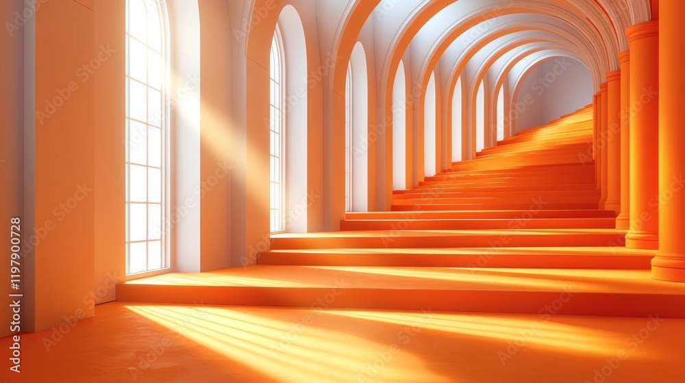 Sunlit Orange Hallway: A perspective view of an elegant hallway with orange stairs and sunlight streaming through tall windows. The architectural details create a sense of depth and grandeur. Sunlit Orange Hallway: A perspective view of an elegant hallway with orange stairs and sunlight streaming through tall windows. The architectural details create a sense of depth and grandeur.