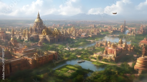 A Golden Cityscapes Majestic Architecture And Tranquil Waterways
