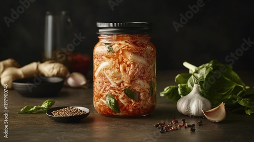 An artistic arrangement of kimchi leaves neatly packed in a jar, highlighting the layers of cabbage and spices, surrounded by fresh ingredients like garlic and ginger photo