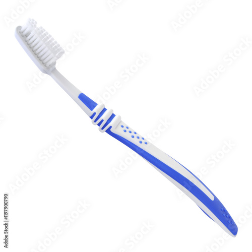 Modern Blue and White Toothbrush with Soft Bristles and Ergonomic Handle, Isolated on White Background, Perfect for Dental Care, Hygiene, and Oral Health-Themed Designs or Marketing Materials
