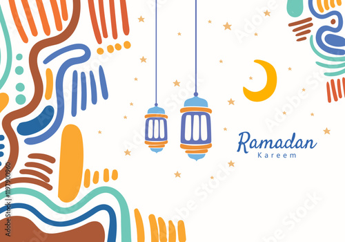 Abstract illustration of colorful Ramadan Kareem, crescent moon, hanging lanterns and decorative patterns