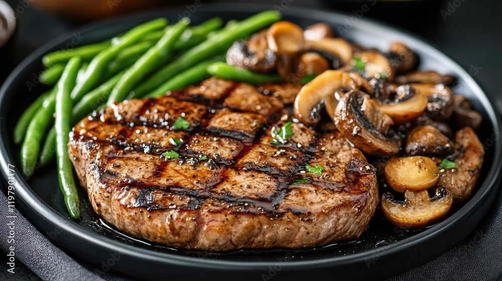 An elegantly plated steak with a balsamic reduction, accompanied by sauted mushrooms and green beans, presented on a modern black dish for a sophisticated look An elegantly plated steak with a balsamic reduction, accompanied by sauted mushrooms and green beans, presented on a modern black dish for a sophisticated look