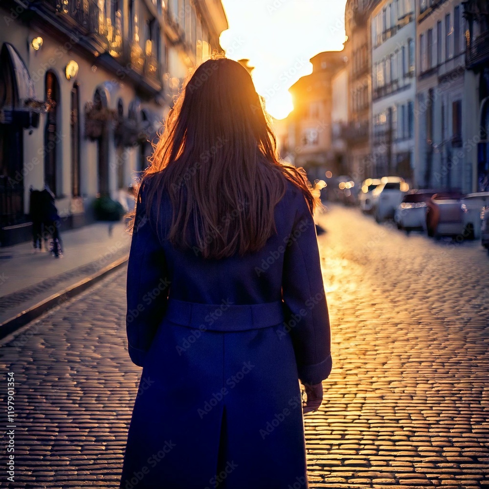 woman walking on cobblestone street at sunset woman walking on cobblestone street at sunset