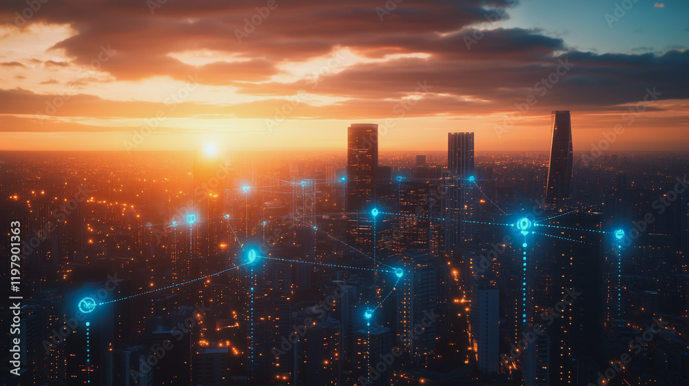 Fototapeta premium Abstract business man stands on the peak of success amid tall, innovative Smart city and graphs with statistics to analyze business potential and predict future developments in company growth.