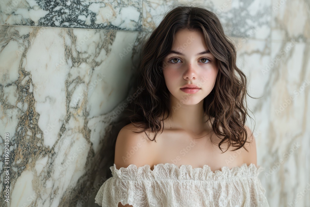 Fototapeta premium A young woman with wavy dark brown hair poses casually against a marbled wall