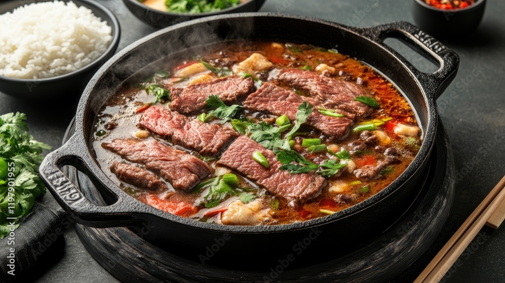 An elegant presentation of sukiyaki in a traditional cast iron pot, bubbling away with rich flavors, garnished with fresh herbs and accompanied by a side of rice An elegant presentation of sukiyaki in a traditional cast iron pot, bubbling away with rich flavors, garnished with fresh herbs and accompanied by a side of rice