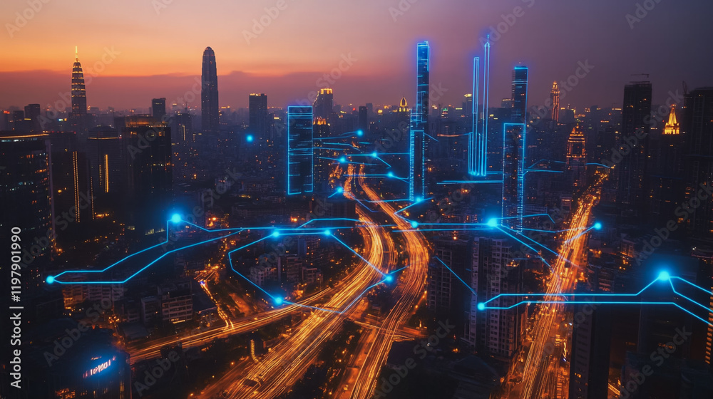 Fototapeta premium Abstract business man stands on the peak of success amid tall, innovative Smart city and graphs with statistics to analyze business potential and predict future developments in company growth.
