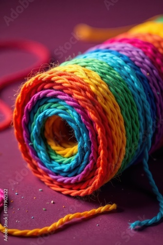 Rainbow yarn roll, tightly wound, vibrant hues , knitting yarn, yarn art, rainbow