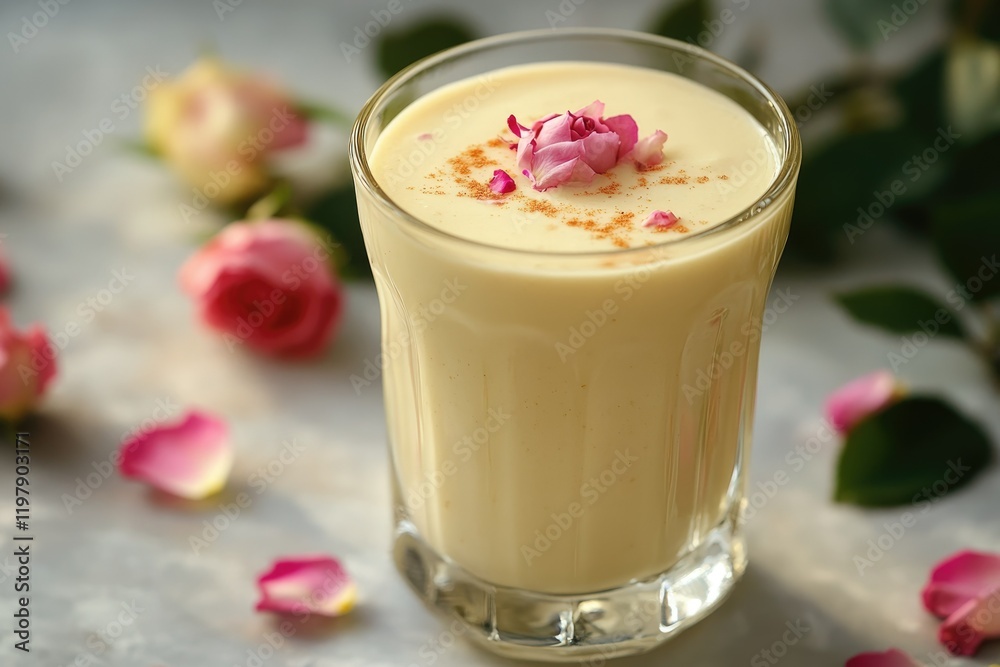 Creamy rose lassi, garnished with rose petals and a sprinkle of cinnamon. Creamy rose lassi, garnished with rose petals and a sprinkle of cinnamon.