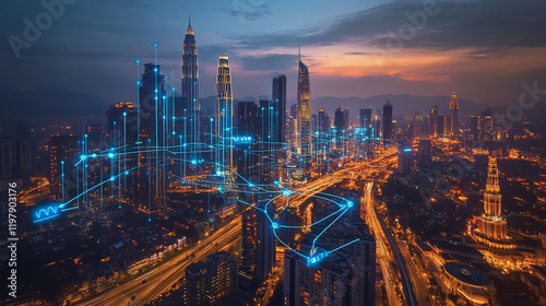 Wallpaper Mural Abstract business man stands on the peak of success amid tall, innovative Smart city and graphs with statistics to analyze business potential and predict future developments in company growth. Torontodigital.ca