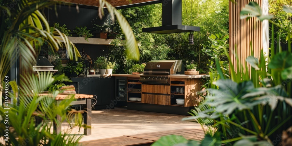 Obraz premium A modern outdoor kitchen with a grill surrounded by lush greenery, perfect for entertaining.