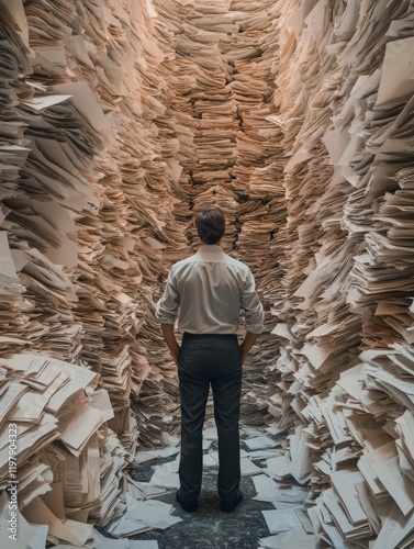 A solitary man stands in the dimly lit corridor filled with towering piles of paperwork, deeply reflecting on the overwhelming bureaucracy and the constant information overload that he faces daily