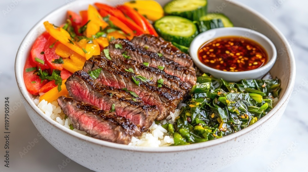 A captivating image of a rice bowl filled with grilled steak, surrounded by colorful vegetables, drizzled with teriyaki sauce, showcasing a delightful mix of flavors A captivating image of a rice bowl filled with grilled steak, surrounded by colorful vegetables, drizzled with teriyaki sauce, showcasing a delightful mix of flavors