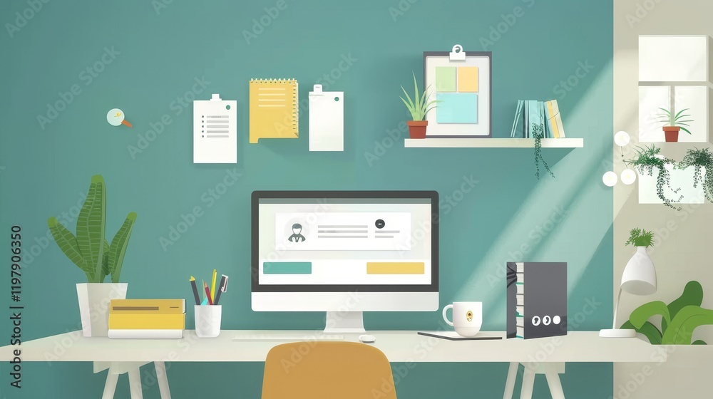 A modern workspace featuring a computer, stationery, plants, and wall decor for productivity. A modern workspace featuring a computer, stationery, plants, and wall decor for productivity.