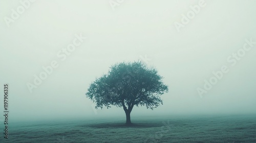 An isolated tree standing amid a foggy landscape, symbolizes solitude and resilience, depicting a harmonious relationship with nature. photo