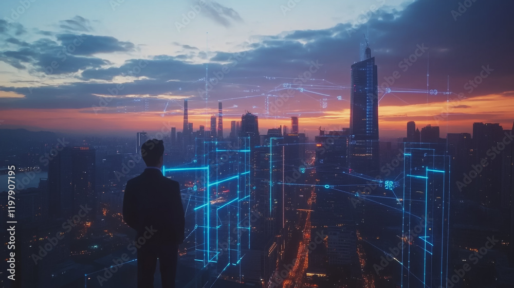 Abstract business man stands on the peak of success amid tall, innovative Smart city and graphs with statistics to analyze business potential and predict future developments in company growth. Abstract business man stands on the peak of success amid tall, innovative Smart city and graphs with statistics to analyze business potential and predict future developments in company growth.