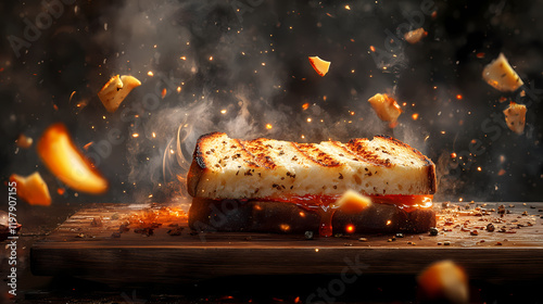 Grilled rennet cheese on a wooden board with sugar syrup and pepper , rennet cheese, grilled cheese, coalho, wooden board. Stormfall. Illustration