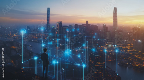 Wallpaper Mural Abstract business man stands on the peak of success amid tall, innovative Smart city and graphs with statistics to analyze business potential and predict future developments in company growth. Torontodigital.ca