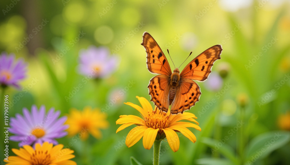 Butterfly resting on yellow flower in a colorful garden Butterfly resting on yellow flower in a colorful garden