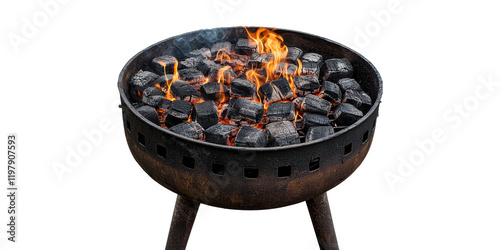 Outdoor charcoal grill with flames isolated on transparent background