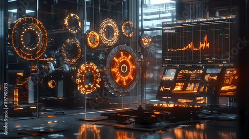 High-concept scene depicting budget planning as a series of digital gears and cogs, each labeled with financial terms, working together in a sleek, glass financial lab. Stormfall. Illustration photo