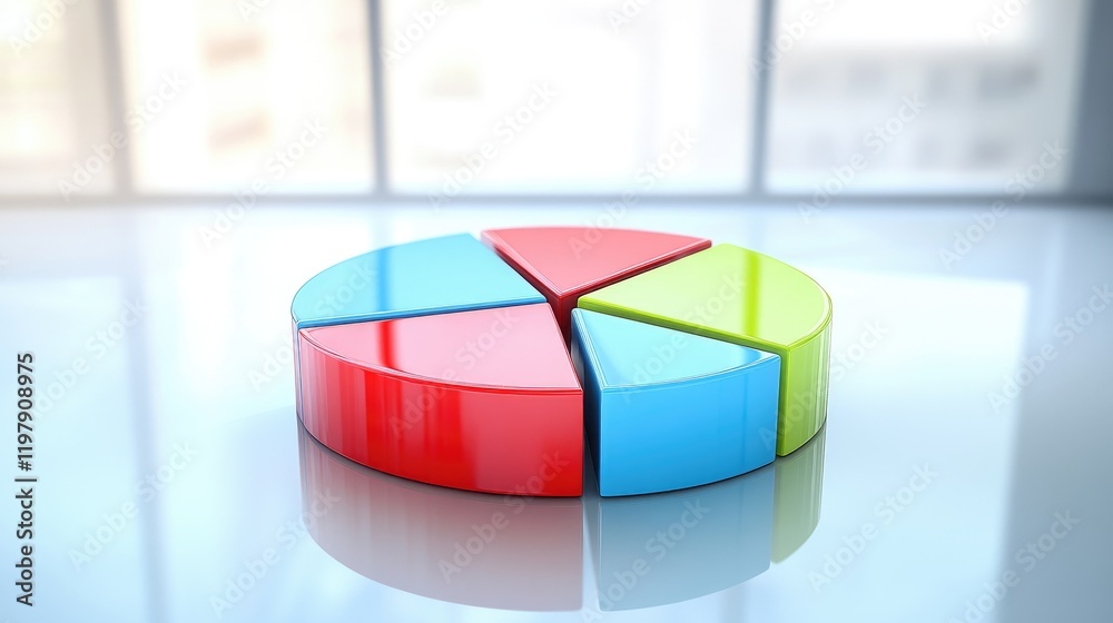Fototapeta premium A colorful pie chart with sections in red, blue, and green, displayed on a glossy white surface with soft lighting and reflections