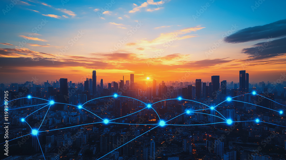 Obraz premium Abstract business man stands on the peak of success amid tall, innovative Smart city and graphs with statistics to analyze business potential and predict future developments in company growth.