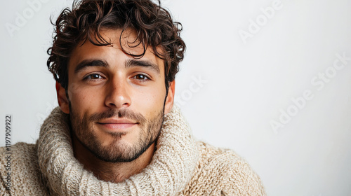 Young man with curly hair wearing cozy sweater smiling at the camera in bright indoor setting with neutral backdrop and warm expression of approachability