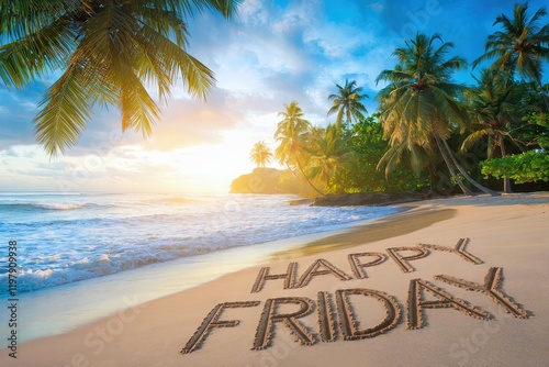 Tropical Beach Scene with 'Happy Friday' Written in Sand at Sunrise