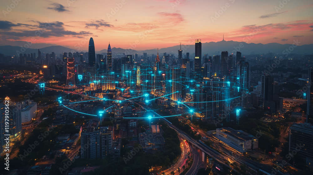 Fototapeta premium Abstract business man stands on the peak of success amid tall, innovative Smart city and graphs with statistics to analyze business potential and predict future developments in company growth.