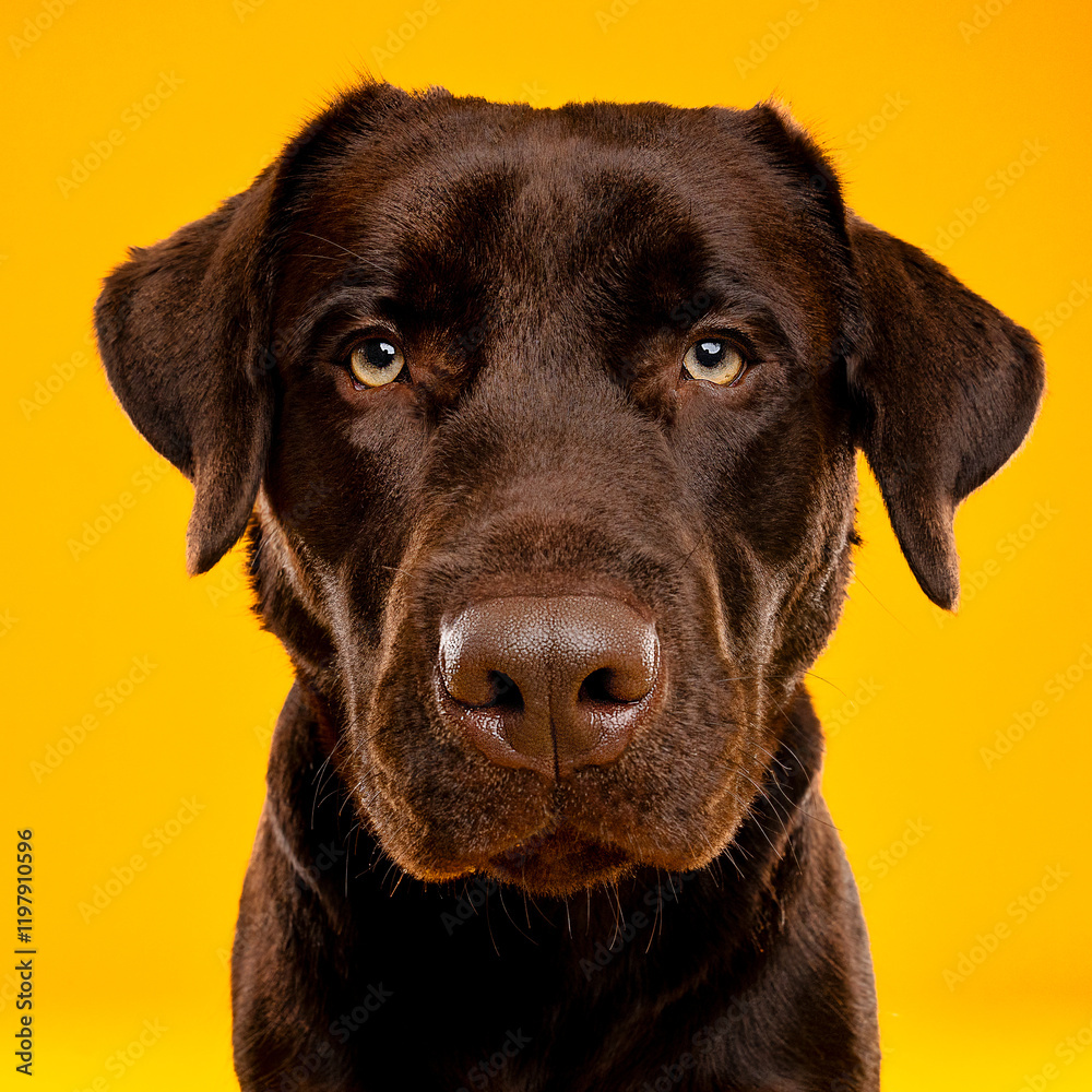 Chocolate Labrador Retriever on Yellow Backdrop
