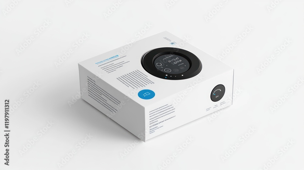 Fototapeta premium Smart Thermostat Product Packaging Design: Modern Minimalist White Box with Black Circular Device, Displaying Temperature and Controls.