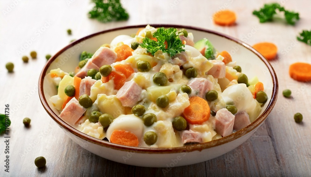 Creamy potato salad with peas, carrots, and ham. Creamy potato salad with peas, carrots, and ham.