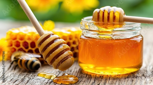 Golden honey in a jar with honeycomb and drizzlers on wooden table surrounded by flowers photo