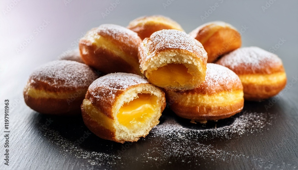 Sweet golden pastries dusted with powdered sugar. Sweet golden pastries dusted with powdered sugar.