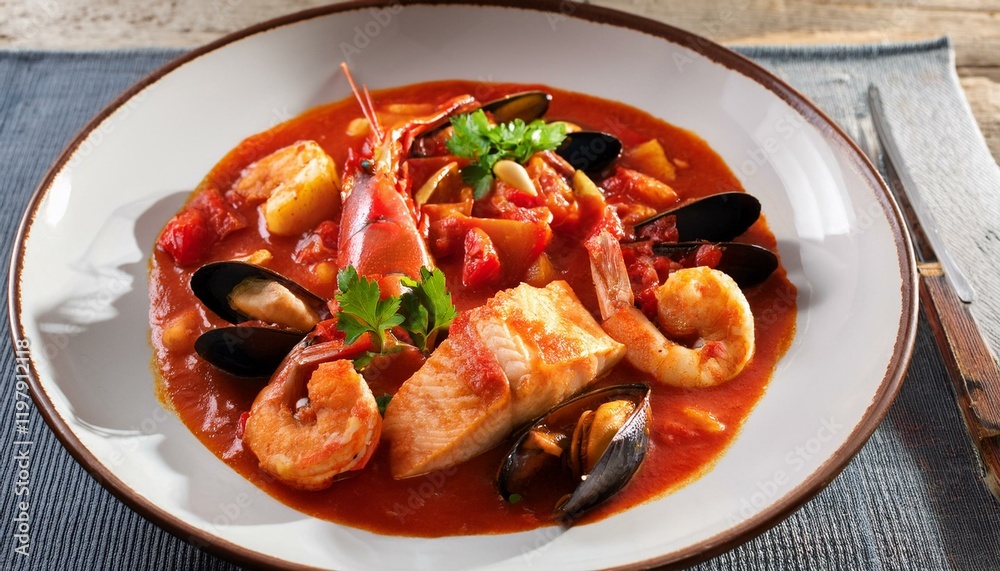 Aromatic seafood stew simmered in a rich tomato broth. Aromatic seafood stew simmered in a rich tomato broth.