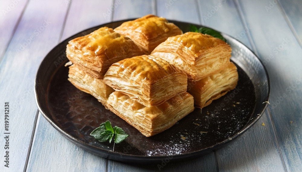Golden-brown pastries arranged on a dark tray, garnished with fresh herbs. Golden-brown pastries arranged on a dark tray, garnished with fresh herbs.