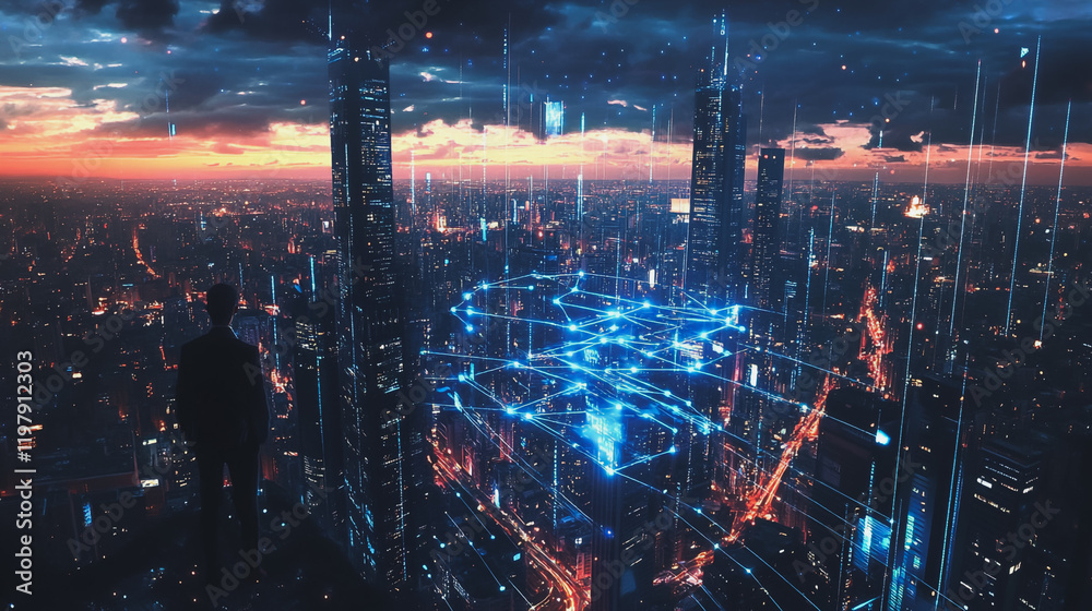 Fototapeta premium Abstract business man stands on the peak of success amid tall, innovative Smart city and graphs with statistics to analyze business potential and predict future developments in company growth.