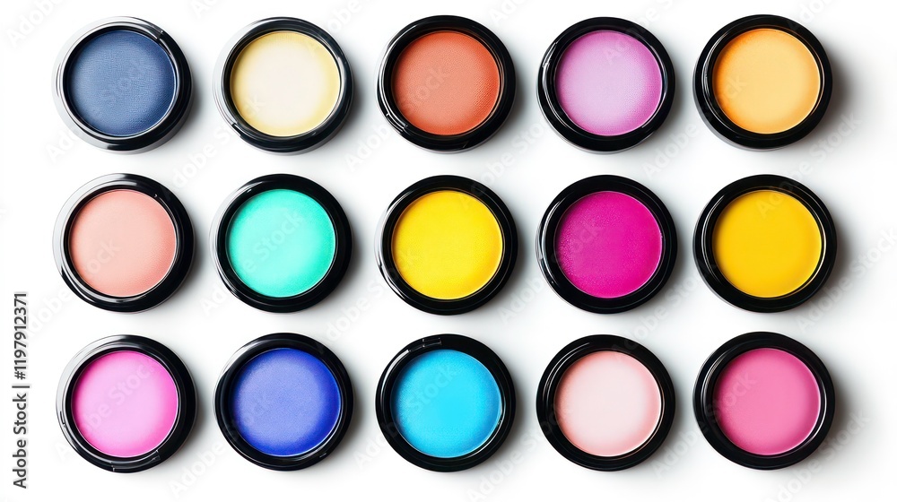Colorful eyeshadow palettes in round containers, arranged on a white background. Colorful eyeshadow palettes in round containers, arranged on a white background.