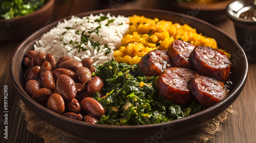 Close-up of traditional brazilian dish baio de dois with rice, beans, sausage, and rennet cheese, brazilian, food. Stormfall. Illustration